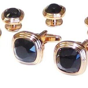 Triple Tier Soft Square Rose Gold  Faceted Fiber Optic Black Stone Set